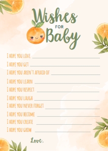 Orange Baby Shower Wishes for baby Card (5x7) - www.printerfairy.com: Orange Baby Shower Activities - www.printerfairy.com