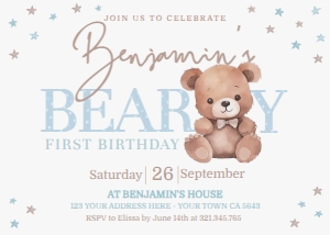 Beary First Birthday Invitation (Brown & Light Blue, horizontal) - www.printerfairy.com: Beary First Birthday Invitation (Brown & Light Blue, horizontal) - www.printerfairy.com