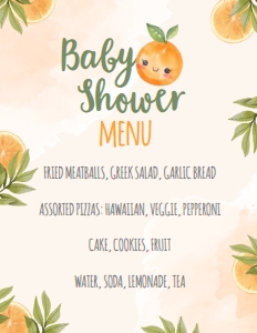 Orange Baby Shower Menu - www.printerfairy.com design preview