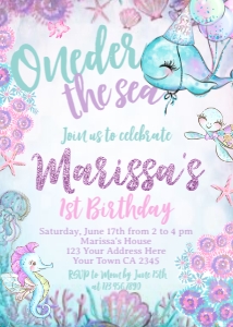 Under The Sea First Birthday Invitation  (glitter-purple-pink) - www.printerfairy.com design preview