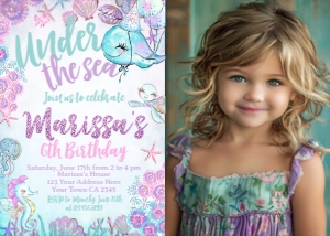 Under The Sea Birthday Invitation with photo (glitter-purple-pink) - www.printerfairy.com design preview