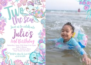 Under The Sea_Two Invitation with Photo (glitter-purple-white, 7x5) - www.printerfairy.com: Under The Sea_Two Invitation with Photo (glitter-purple-white) - www.printerfairy.com