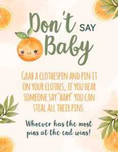 Orange Baby Shower Don't Say Baby Sign (8.5x11) - www.printerfairy.com: Orange Baby Shower Activities - www.printerfairy.com