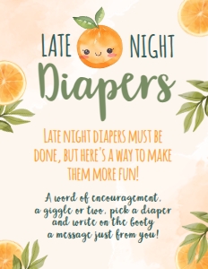Orange Baby Shower Late Night Diapers Sign (8.5x11) - www.printerfairy.com: Orange Baby Shower Activities - www.printerfairy.com