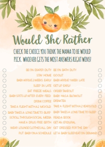 Orange Baby Shower Would She Rather Card (5x7) - www.printerfairy.com: Orange Baby Shower Activities - www.printerfairy.com