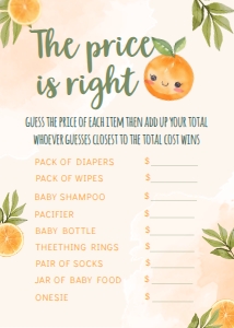 Orange Baby Shower The price is right Card (5x7) - www.printerfairy.com: Orange Baby Shower Activities - www.printerfairy.com