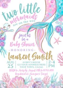 Mermaid Baby Shower_Twins Invitation (glitter,5x7) - www.printerfairy.com: Mermaid Baby Shower Twins Invitation (glitter) - www.printerfairy.com