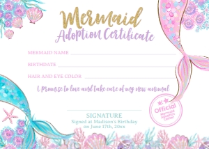 Mermaid Baby Shower_Adoption Certificate (glitter, 7x5) - www.printerfairy.com: Mermaid Baby ShowerAdoption (glitter) - www.printerfairy.com
