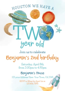 Space Second Birthday Invitation (blue, orange) - www.printerfairy.com design preview