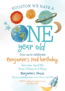 Space First Birthday Invitation (blue, orange) - www.printerfairy.com design preview