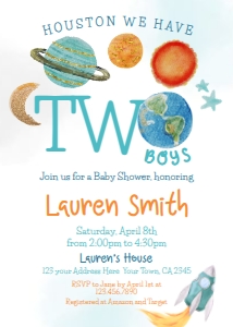 Space Birthday Twins Invitation (blue, orange) - www.printerfairy.com design preview