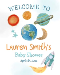 Space Baby Shower Welcome Sign 16x20 (blue, orange) - www.printerfairy.com: Space Baby Shower Welcome Sign 8.5x11 (blue, orange) - www.printerfairy.com