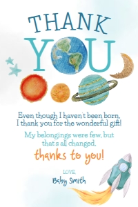 Space Baby Shower Thank You Card (blue, orange) - www.printerfairy.com design preview