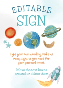 Space Baby Shower Editable Sign 5x7 (blue, orange) - www.printerfairy.com design preview