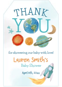 Space Baby Shower Favor Tag (blue, orange) - www.printerfairy.com design preview