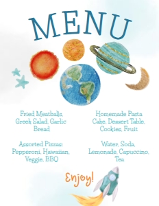 Space Baby Shower Menu (blue, orange) - www.printerfairy.com design preview