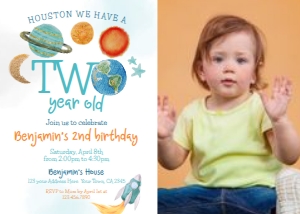 Space Second Birthday Invitation with photo (blue, orange) - www.printerfairy.com design preview