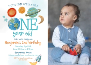 Space First Birthday Invitation with photo (blue, orange) - www.printerfairy.com design preview