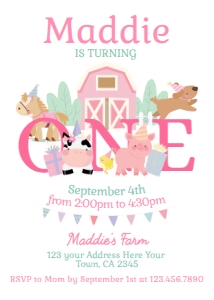 Farm Birthday Invitation ONE (pink) - www.printerfairy.com: Farm First Birthday Invitation (pink) - www.printerfairy.com