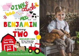 Farm Birthday_Two Invitation (Red, 7x5) - www.printerfairy.com: Farm Second Birthday Invitation with Photo (Red, 7x5) - www.printerfairy.com