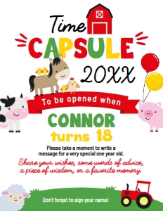 Farm Birthday_Time Capsule Sign (Red, 8.5x11) - www.printerfairy.com: Farm Birthday Time Capsule  (Red, 5x7) - www.printerfairy.com