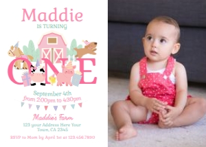Farm Birthday Invitation with photo ONE (pink) - www.printerfairy.com: Farm First Birthday Invitation with photo (pink) - www.printerfairy.com