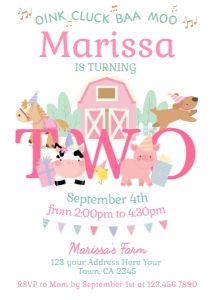 Farm Birthday Invitation TWO (pink) - www.printerfairy.com: Farm Second Birthday Invitation (pink) - www.printerfairy.com