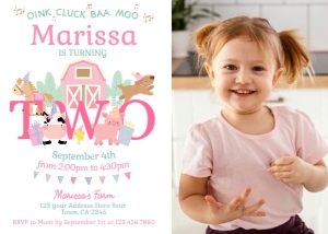 Farm Second Birthday Invitation with photo (pink) - www.printerfairy.com: Farm Second Birthday Invitation with photo (pink) - www.printerfairy.com