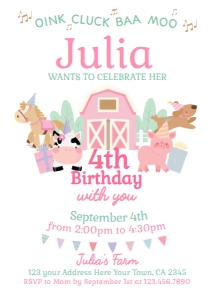 Farm Birthday Invitation (white, pink) - www.printerfairy.com: Farm Birthday Invitation (white, pink) - www.printerfairy.com