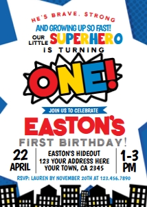 Superhero First Birthday Invitation - www.printerfairy.com design preview