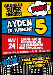 Superhero All Age Invitation Comic (5x7) - www.printerfairy.com: Superhero Comic Birthday Party Invitation - www.printerfairy.com
