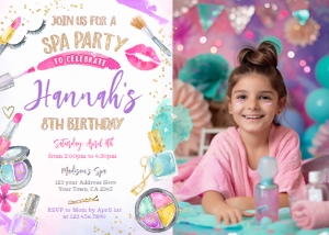 Spa Birthday Invitation with photo (pink, purple) - www.printerfairy.com design preview