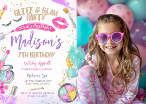 Glitz & Glam Party Invitation with Photo (pink, purple) - www.printerfairy.com design preview