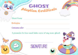 Pool Party Halloween Adoption Certificate (purple, orange) - www.printerfairy.com: Pool Party Halloween Adoption Pack (purple, orange) - www.printerfairy.com