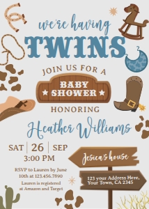Cowboy Baby Shower Twins Invitation  (5x7) - www.printerfairy.com design preview