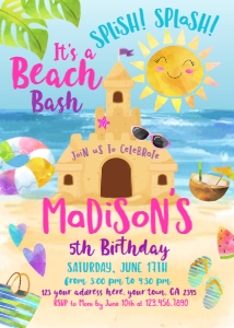 Sand Party Birthday Invitation (pink, blue, yellow) - www.printerfairy.com: Sand Party Birthday Invitation (pink, blue, yellow) - www.printerfairy.com