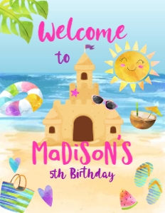 Sand Party Birthday Welcome Sign 8.5x11 (pink, blue, yellow) - www.printerfairy.com design preview