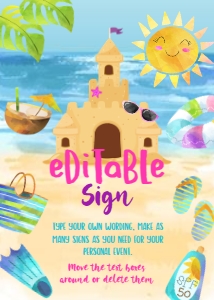 Sand Party Birthday Editable Sign (pink, blue, yellow) - www.printerfairy.com design preview