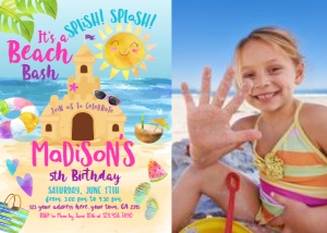 Sand Party Birthday Invitation with photo (pink, purple) - www.printerfairy.com design preview