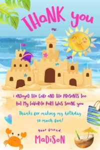 Sand Party Birthday Thank You Card (pink, blue, yellow) - www.printerfairy.com design preview