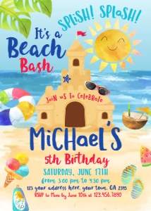 Sand Party Birthday Invitation (red, blue) - www.printerfairy.com design preview