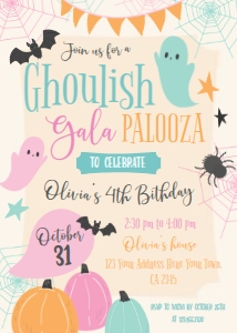 Halloween Ghoulish Gala Palooza Birthday Invitation (pink, orange, mint) - www.printerfairy.com design preview