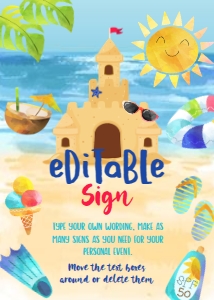 Sand Party Editable Sign (red, blue) - www.printerfairy.com design preview