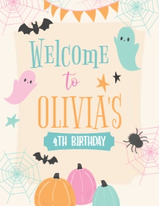 Halloween Ghoulish Gala Palooza Welcome Sign (pink, orange, mint) - www.printerfairy.com design preview