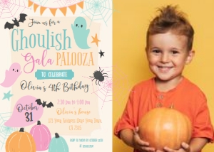 Halloween Ghoulish Gala Palooza Birthday Invitation with photo (pink, orange, mint) - www.printerfairy.com design preview