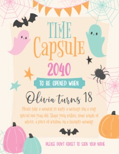 Halloween Ghoulish Gala Palooza Time Capsule Sign (pink, orange, mint) - www.printerfairy.com design preview