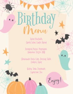 Halloween Ghoulish Gala Palooza Menu (pink, orange, mint) - www.printerfairy.com design preview