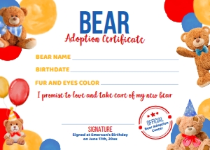 Plushie Bear Adoption Certificate (7x5) - www.printerfairy.com: Bear Adoption Set - www.printerfairy.com