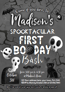 Black & White Halloween First Birthday Invitation (black, white) - www.printerfairy.com design preview