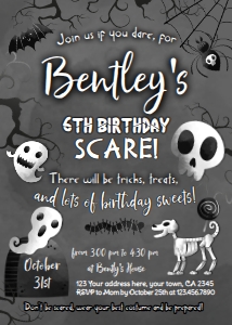 Black & White Halloween Birthday Invitation (black, white) - www.printerfairy.com design preview